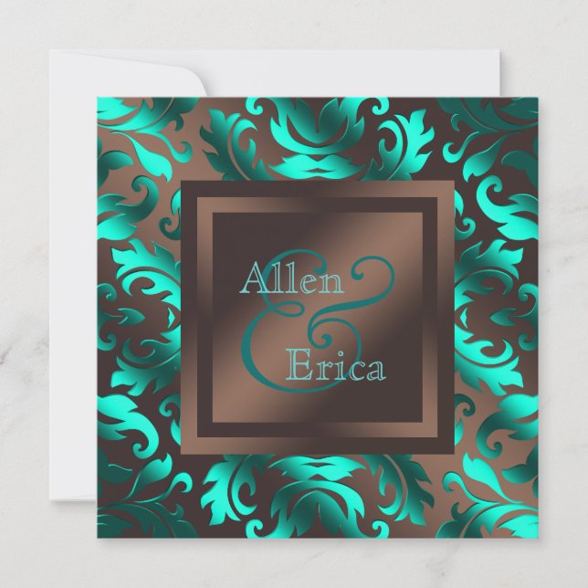Convites Casamento Azul Teal e Marrom Chocolate (Frente)