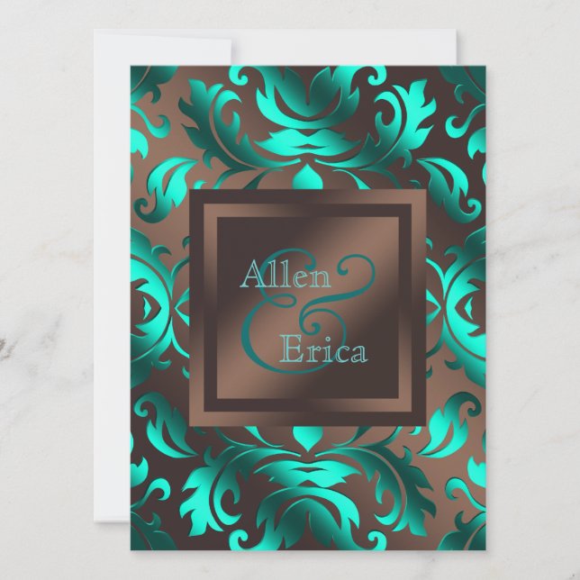 Convites Casamento Azul Teal e Marrom Chocolate (Frente)