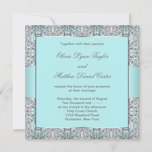 Convites Casamento Azul Teal Prata (Frente)