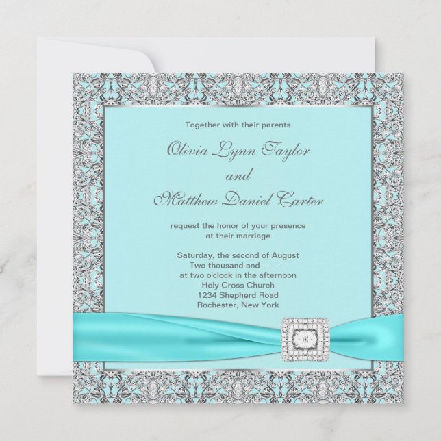Convites Casamento Azul Teal Prata (Frente)