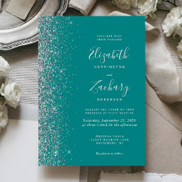 Convites Casamento Azul Teal Prata Moderno com Brilho na Bo