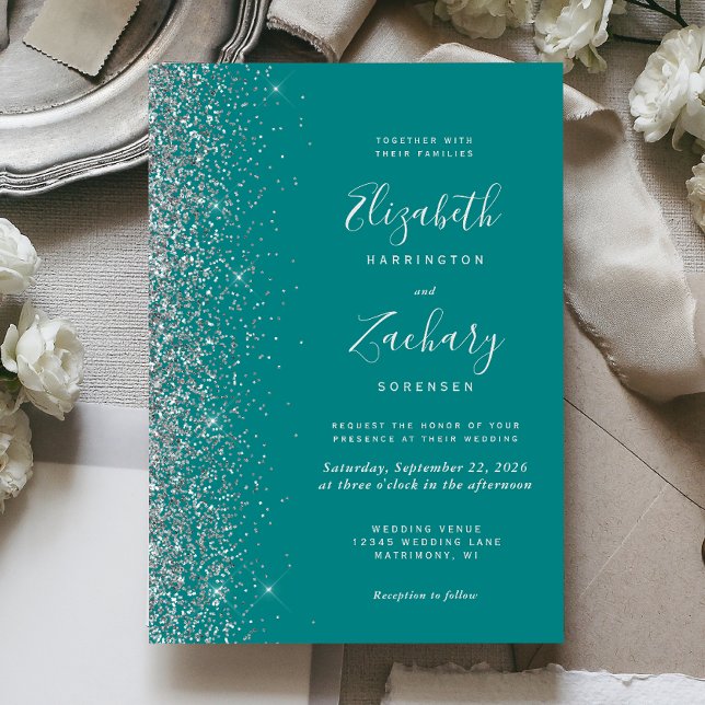 Convites Casamento Azul Teal Prata Moderno com Brilho na Bo (Criador carregado)