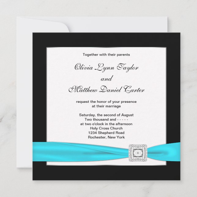 Convites Casamento Azul Teal Preto Teal (Frente)