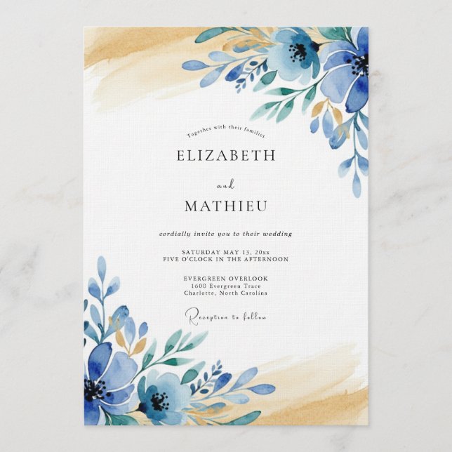 Convites Casamento Azul Texturizado Floral Caprichoso (Frente)