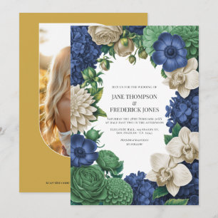 Convites Casamento Azul Tinta, Verde Ardósia e Areia de Inv
