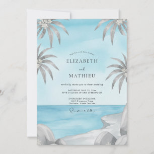 Convites Casamento Azul Tropical Palmeira Cinza Eucalipto