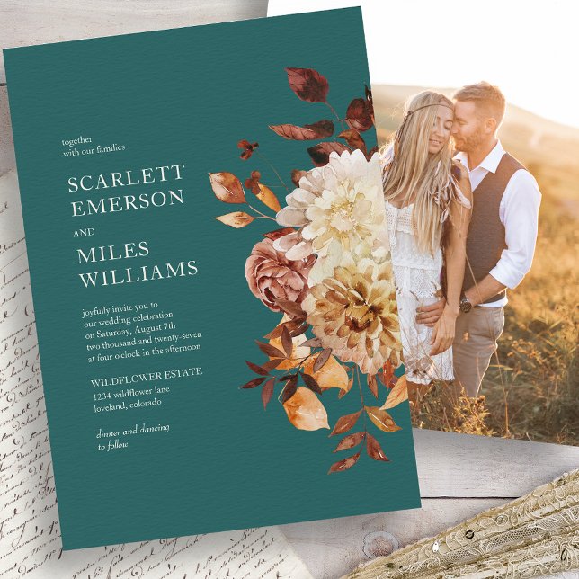 Convites Casamento Azul Turquesa de Outono (Fall Teal Floral Photo Wedding Invitation by Painted Paperie
)