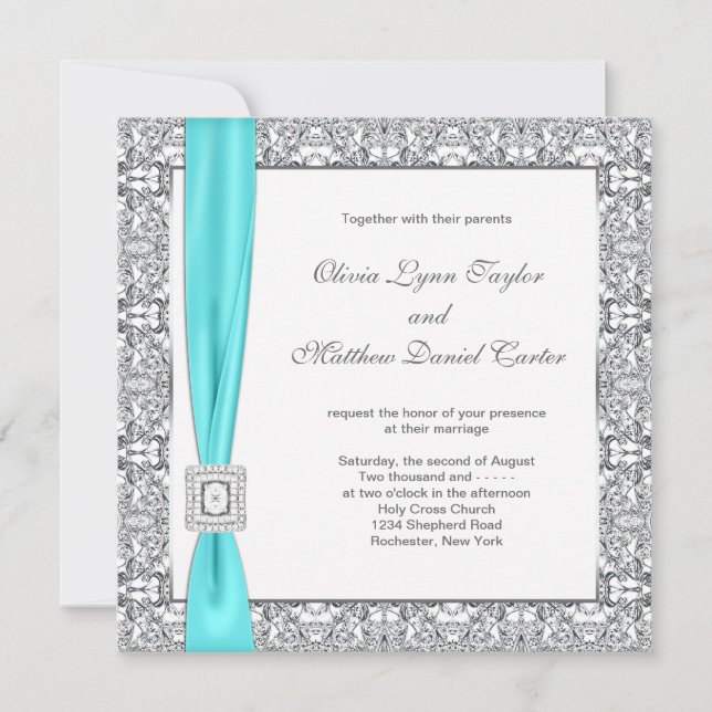 Convites Casamento Azul Turquesa e Prata (Frente)