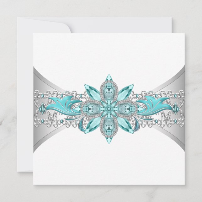 Convites Casamento Azul Turquesa e Prata Elegante (Frente)