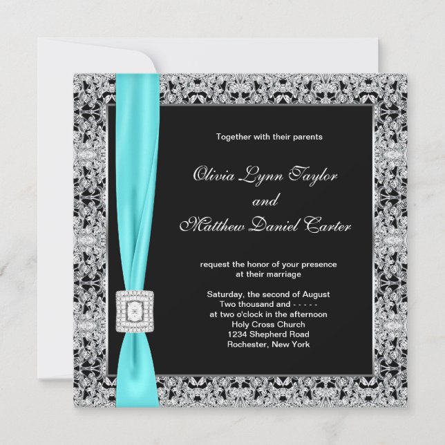 Convites Casamento Azul Turquesa Preto e Prata (Frente)