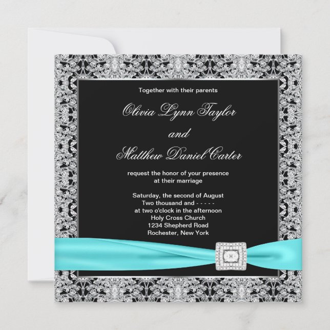 Convites Casamento Azul Turquesa Preto Prata com Renda com  (Frente)