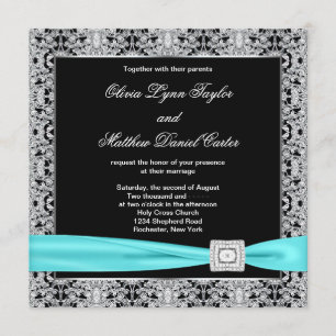 Convites Casamento Azul Turquesa Preto Prata com Renda com