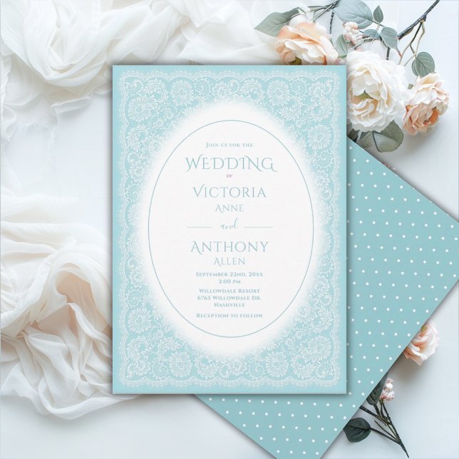 Convites Casamento Azul Vintage Branco Renda (Criador carregado)