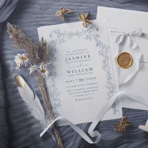 Convites Casamento Azul Vintage Floral Line Art Arco Elegan