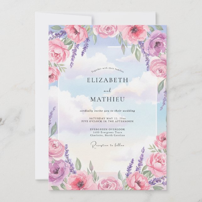 Convites Casamento Azul Violeta Ranunculus Eucalipto (Frente)