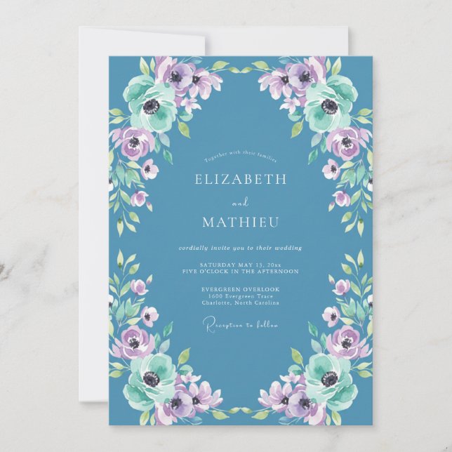 Convites Casamento Azul Violeta Ranunculus Eucalipto Poento (Frente)