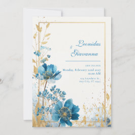 Convites Casamento Azure Blooms e Leaf Watercolor Dourado