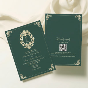 Convites Casamento Barroco a Dourado e Verde Esmeralda