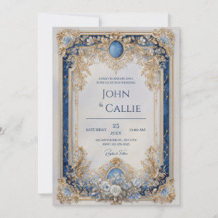 Convites Casamento Barroco Azul Safira Vitoriano Regal em O