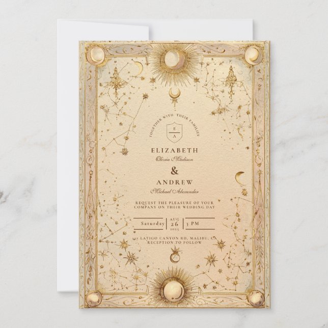 Convites Casamento Barroco Celestial Dourado (Frente)