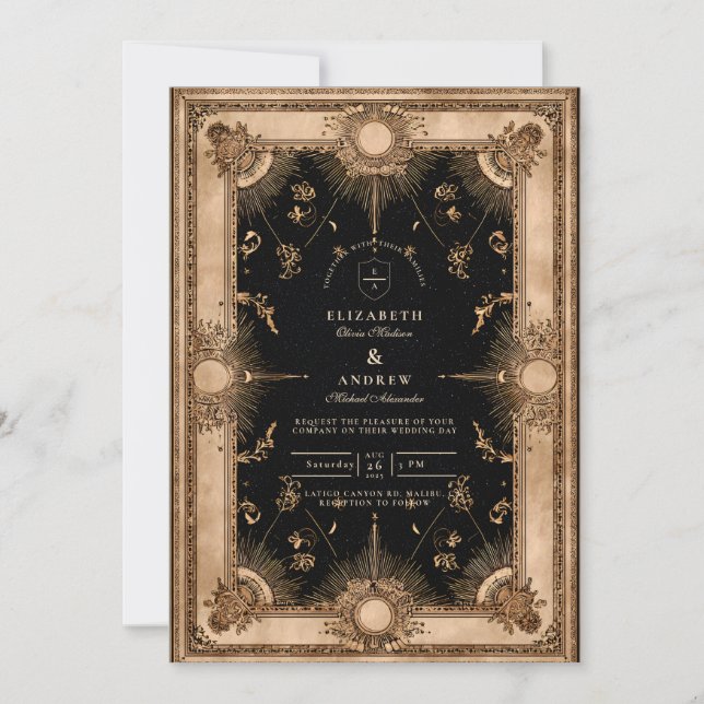 Convites Casamento Barroco Celestial Preto e Dourado (Frente)
