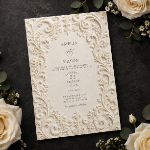 Convites Casamento Barroco com Floral de Marfim Elegante