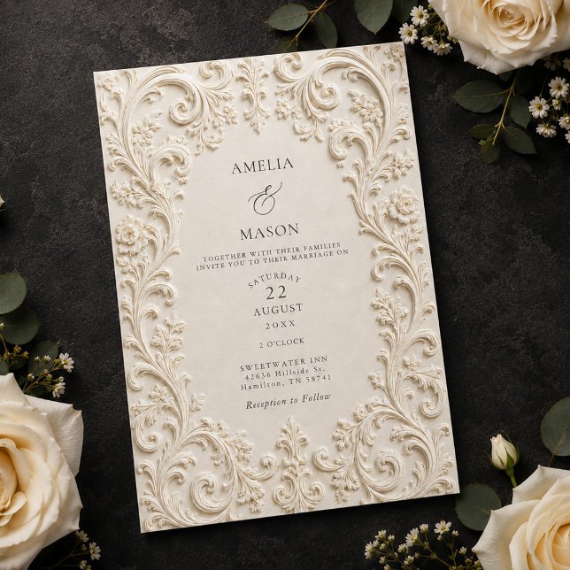 Convites Casamento Barroco com Floral de Marfim Elegante (Elegant Ivory Floral Scrollwork Baroque Wedding Invitation)