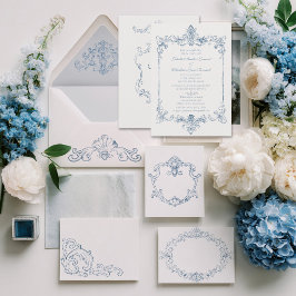 Convites Casamento Barroco em Azul Empoeirado