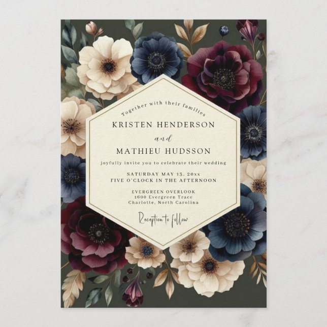 Convites Casamento Barroco em Burgundy e Azul Marinho (Frente)