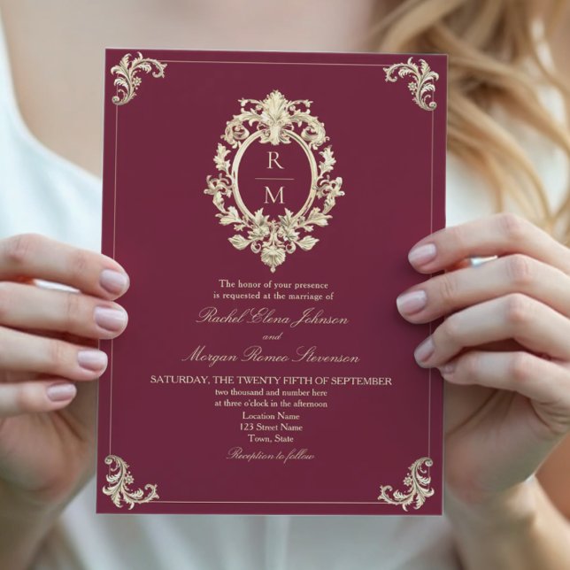 Convites Casamento Barroco em Dourado Borgonha (Criador carregado)