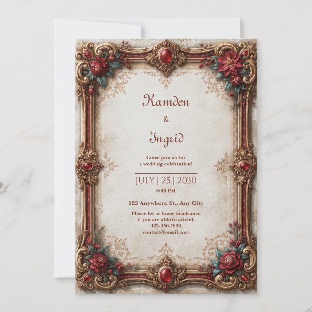 Convites Casamento Barroco em Rubi e Ouro (Frente)