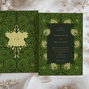Convites Casamento Barroco em Verde Floresta e Dourado Anti