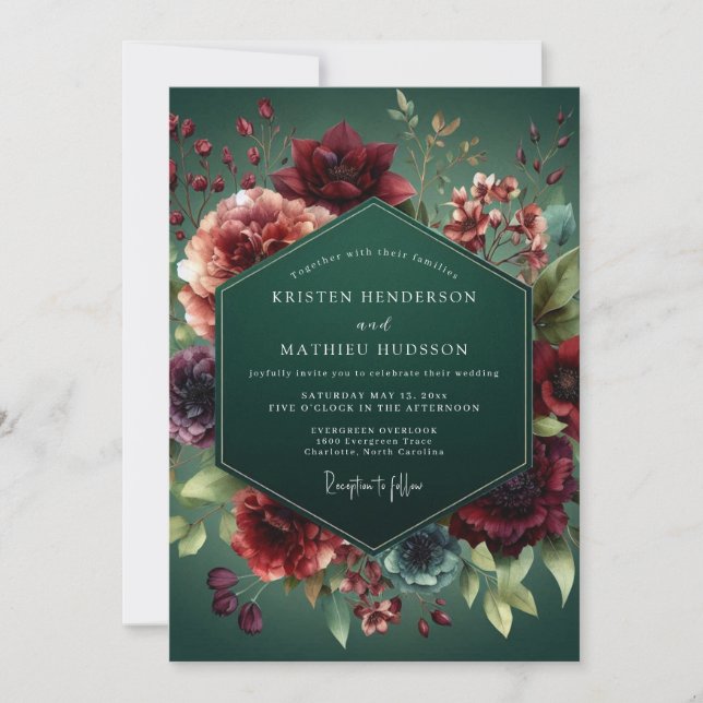 Convites Casamento Barroco Floral em Verde Caçador (Frente)