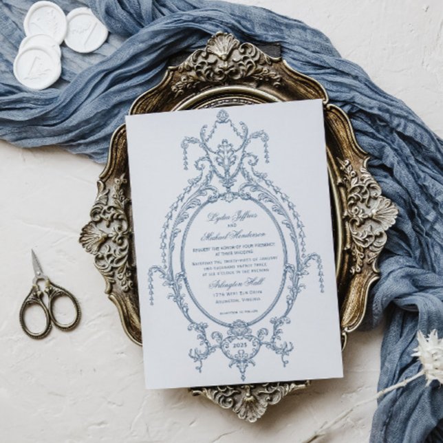 Convites Casamento Barroco Ornamentado Azul Francês (Criador carregado)