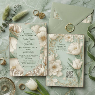 Convites Casamento Barroco Ornatado em Verde Sálvia com Tul