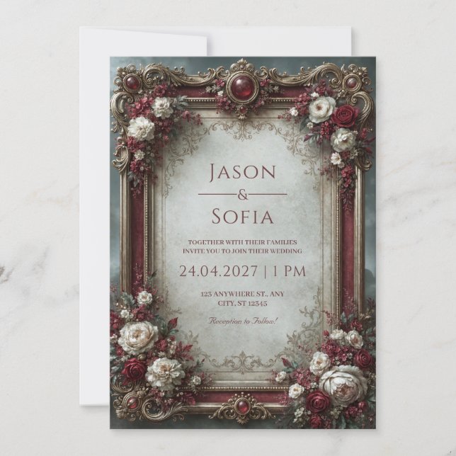 Convites Casamento Barroco Rosa Borgonha (Frente)