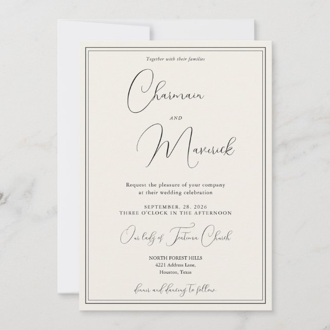 Convites Casamento Bege Clássico Elegante  (Frente)