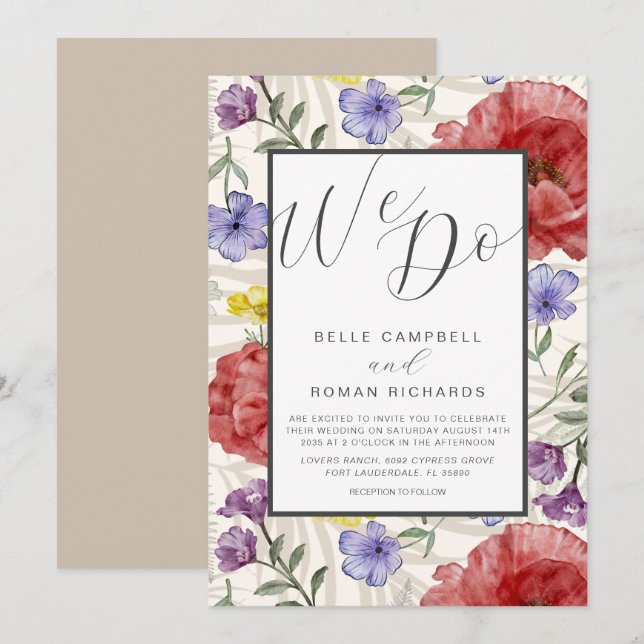 Convites Casamento Bege com Flores Silvestres em Aquarela B (Frente/Verso)