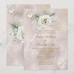 Convites Casamento Bege Dourado Branco Rosa Corações Brilho