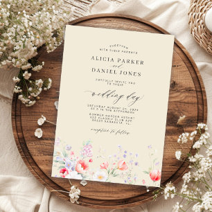 Convites Casamento bege floral de flores silvestres minimal