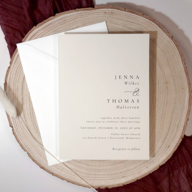 Convites Casamento Bege Minimalista Elegante Simples (Elegant beige wedding invitation with minimalist layout and modern script details.)