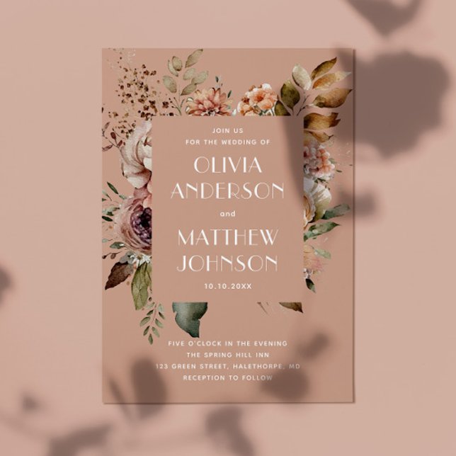 Convites Casamento Bege Pêssego Suave | Código QR Floral de (Criador carregado)