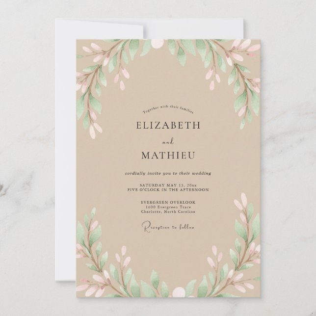 Convites Casamento Beige com Toques de Rosa e Folhas (Frente)