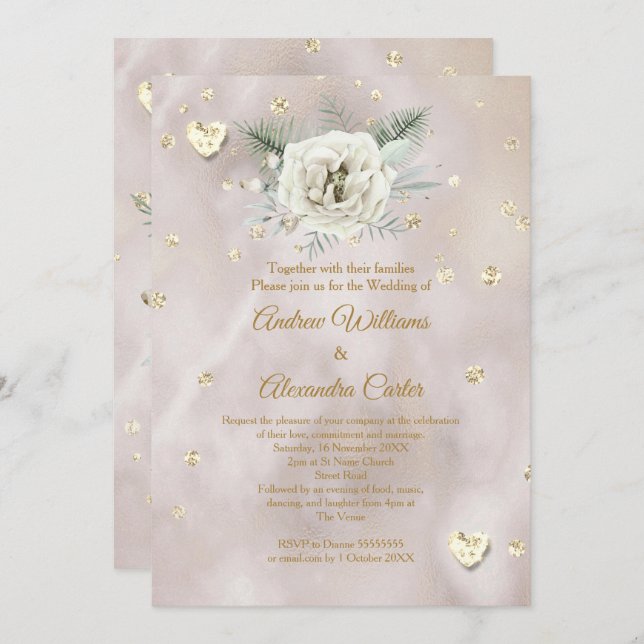 Convites Casamento Beige Dourado Corações Brancos Rosa Bril (Frente/Verso)