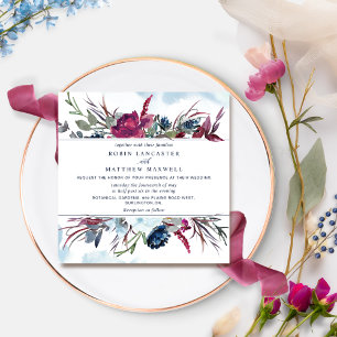 Convites Casamento Berry Burgundy e Blue Floral Square Inv
