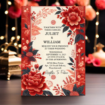 Casamento Bilingue Chinês Floral Moderno Asiático