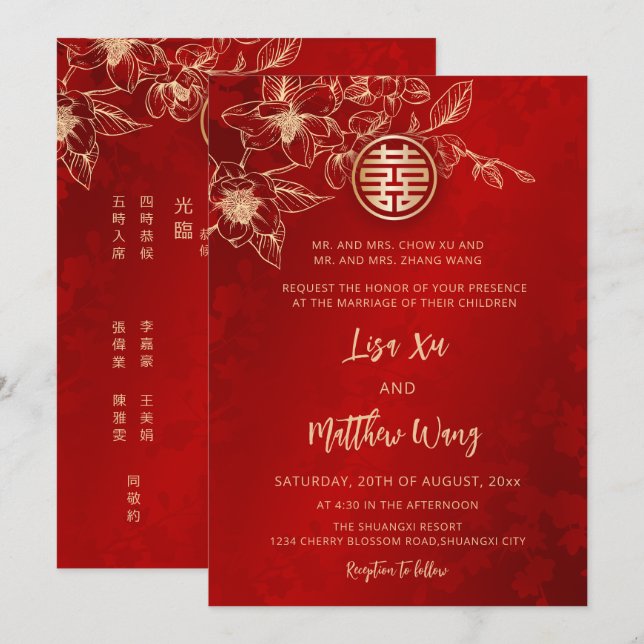 Convites Casamento Bilíngue Chinês Inglês Magnolia (Frente/Verso)