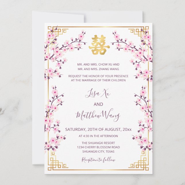 Convites Casamento Bilingue Dourado Rosa Chinês Americano (Frente)
