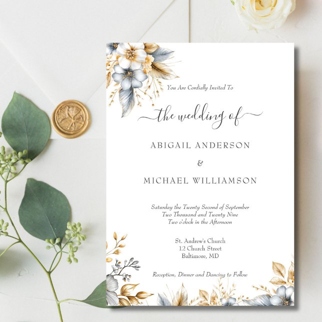 Convites Casamento Biológico Dourado Silver Floral Botânico (Gold Silver Floral Botanical Watercolor Elegant Traditional Wedding invitation. Printed or Digital )