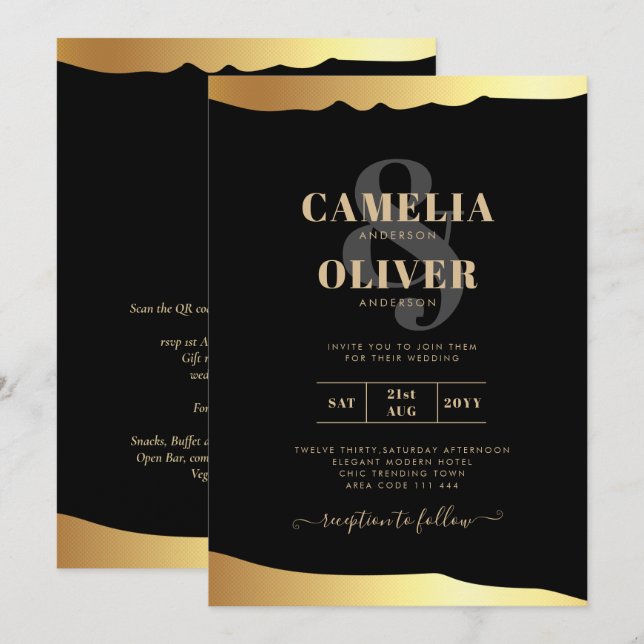 Convites Casamento Black Tie Dourado Folha de Ouro Script E (Frente/Verso)